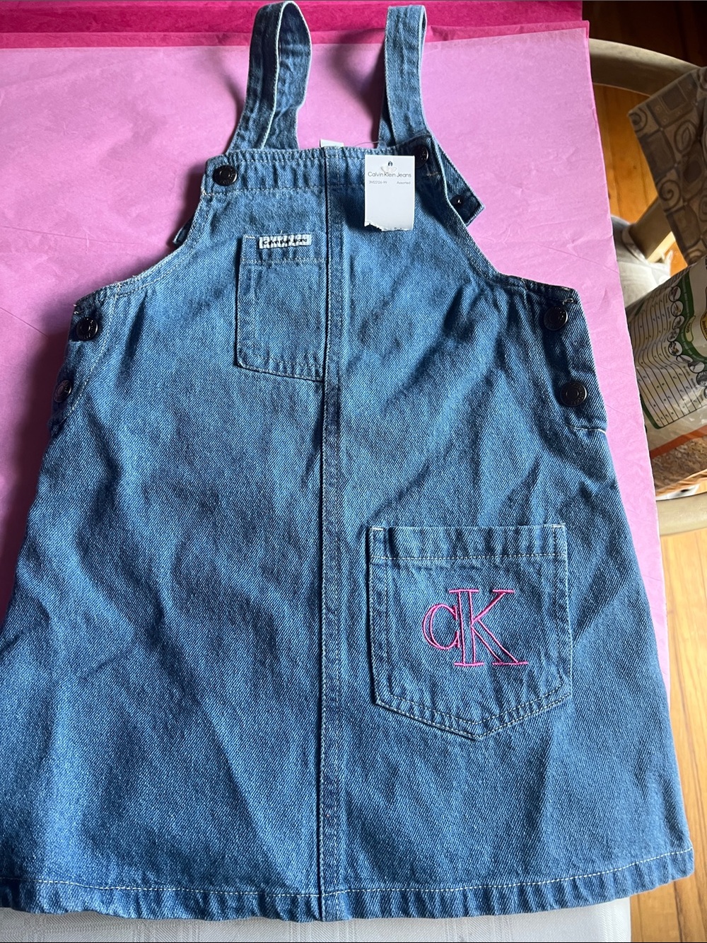Calvin Klein Denim Pinafore Dress with Pink CK Stitching